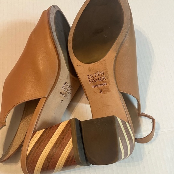 EILEEN FISHER Brown Leather Bobbi Sz 8 Peep Toe Sandal Heel Slingback - Picture 7 of 11